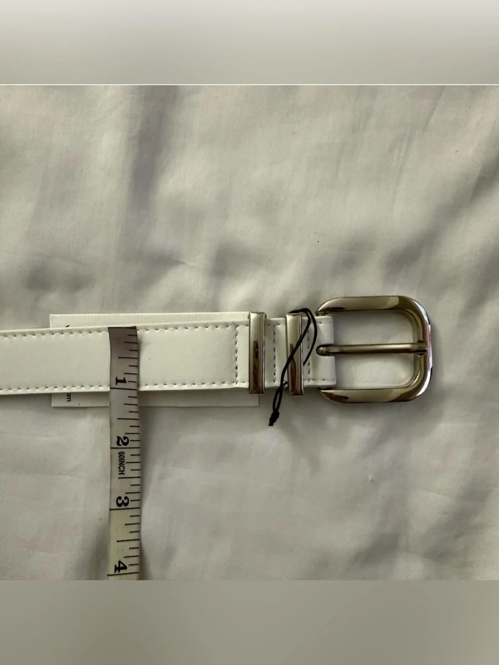 White PU leather silver tone square buckle minimalist style belt